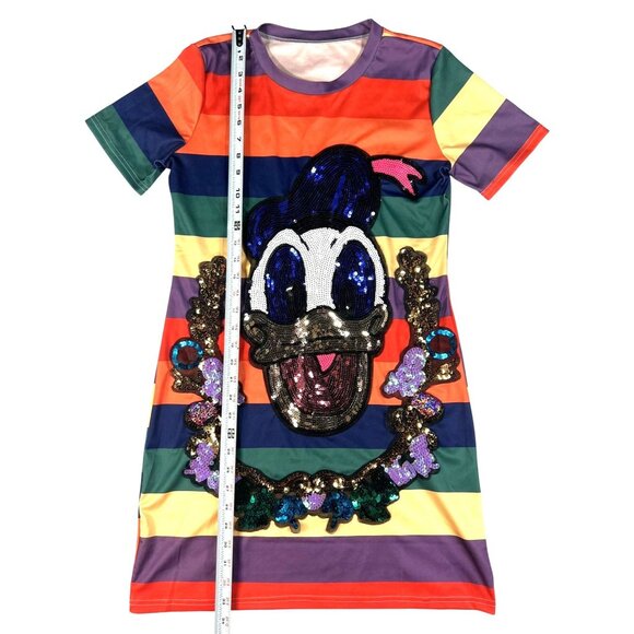 Donald Duck Sequin Embellished Rainbow Striped Dress  Size M  65% Polyester 35% - Picture 2 of 6